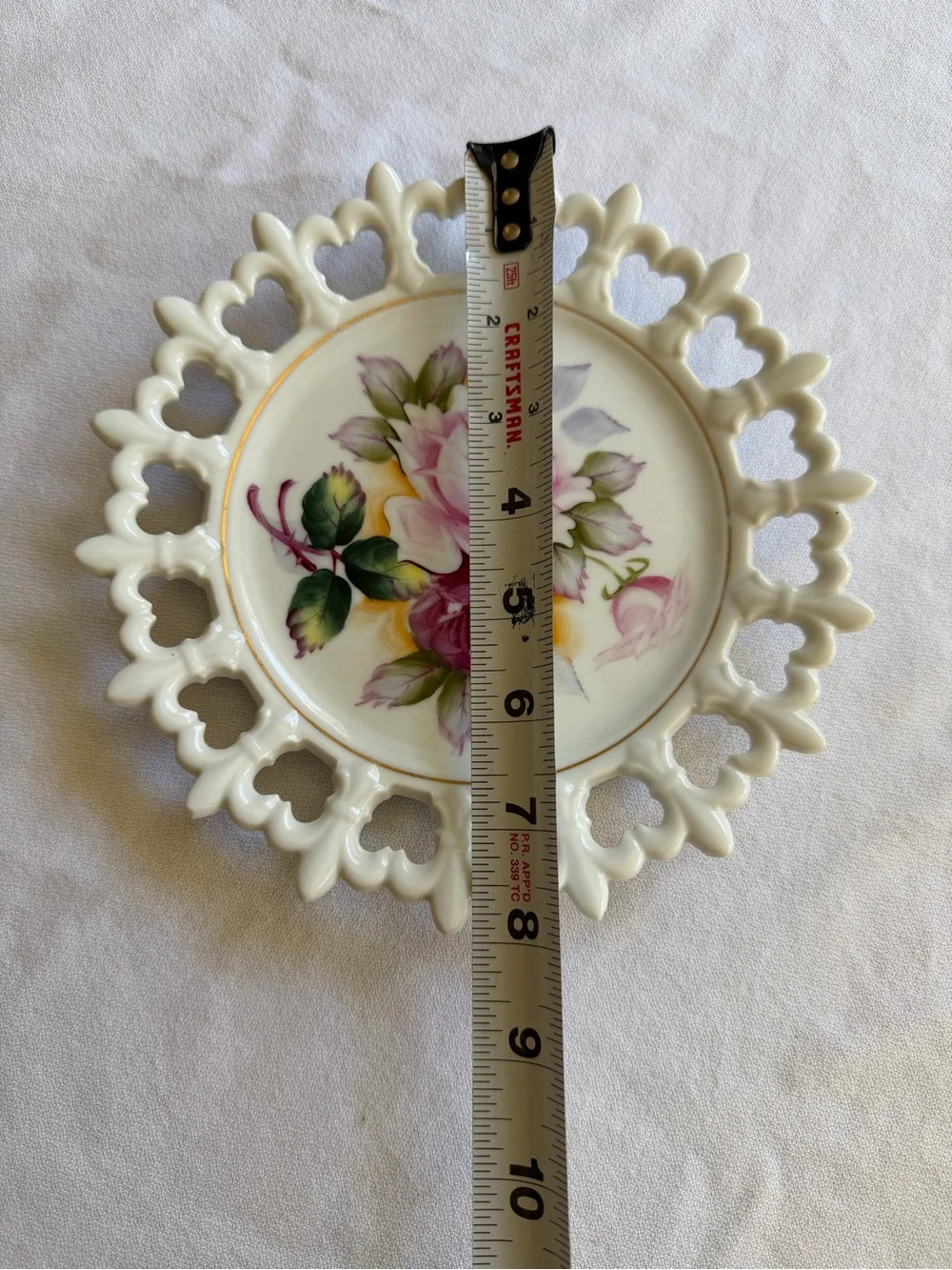 VTG Porcelain Reticulated Hand Painted Floral Plate with Pink Rose Motif - Japan